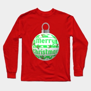 Christmas Tree Ornament with Merry Christmas, Green and White Peppermint and Red Holly Berries Long Sleeve T-Shirt